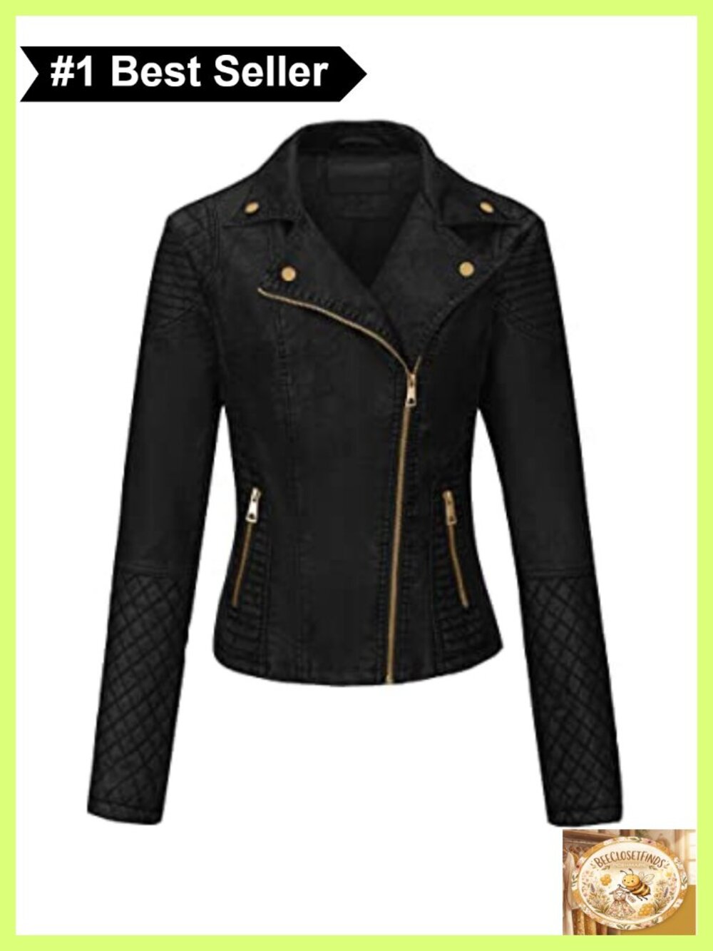 Women's Faux Leather Moto Biker Jacket Quilted Fitted Long Sleeve Zipper